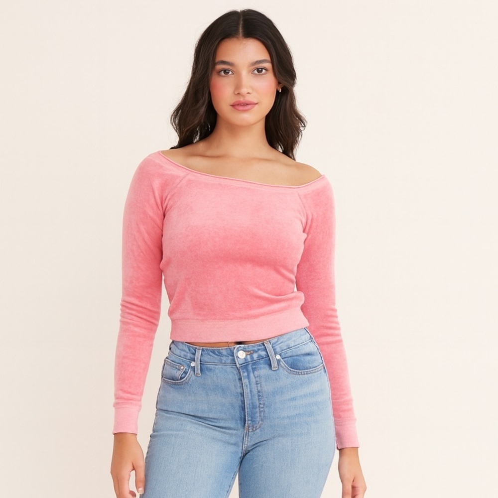 Vintage Express Y2K pink stretch velvet baby fit wide neck sweatshirt. S